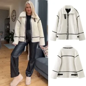 PB & ZA 2023 Autunno Nuove Donne di Usura Stile Europeo e Americano Casual Pelliccia di Un Pezzo di Lana di Agnello di Colore di Contrasto Peluche Giacca Calda C 1