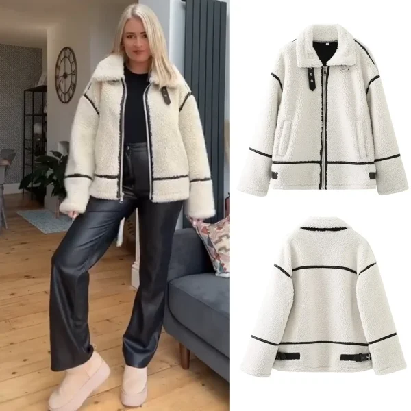 PB & ZA 2023 Autunno Nuove Donne di Usura Stile Europeo e Americano Casual Pelliccia di Un Pezzo di Lana di Agnello di Colore di Contrasto Peluche Giacca Calda C 1