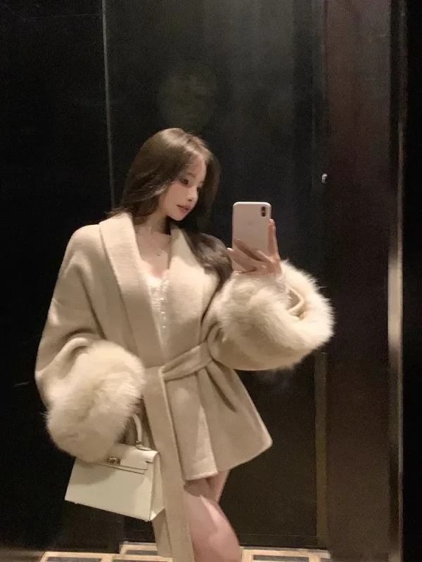 2025 Autunno Donna Chic Risvolto Cappotto di Peluche Con Cintura Vintage Manica In Pelliccia Sintetica Tweed Cappotti Aperti Femminile Inverno Casual Strada Outwear 6