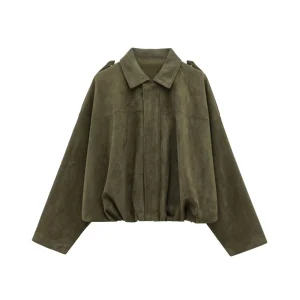 2025 Giacca da donna con colletto in finta pelle scamosciata con spalline, vestibilità ampia, elegante verde oliva in vendita 1