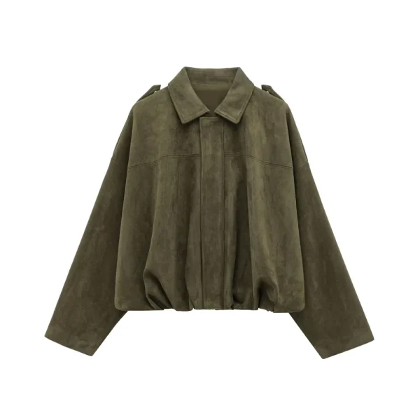 2025 Giacca da donna con colletto in finta pelle scamosciata con spalline, vestibilità ampia, elegante verde oliva in vendita 1