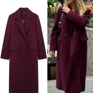 HH Cappotto di lana bordeaux moda donna doppio petto manica lunga bavero misto giacca autunno inverno capispalla High Street 1