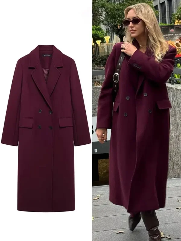 HH Cappotto di lana bordeaux moda donna doppio petto manica lunga bavero misto giacca autunno inverno capispalla High Street 1