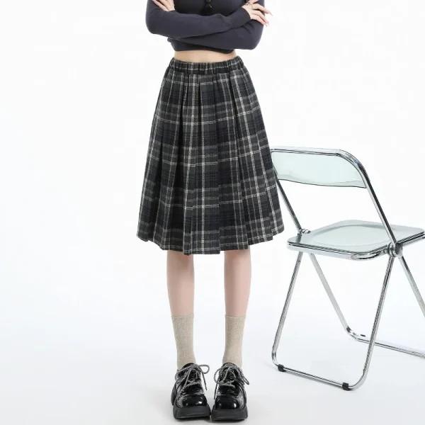 Gonna scozzese a pieghe in lana stile preppy Donna Autunno Inverno Retro Elastico a vita alta Gonne Donna giapponese A Line Faldas 2025 Nuovo 3