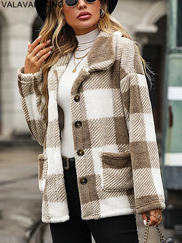 2025 Giacca spessa a maniche lunghe autunno inverno per donna Cappotto casual con bottoni caldi in peluche Cappotto scozzese allentato elegante da donna Abiti femminili 3