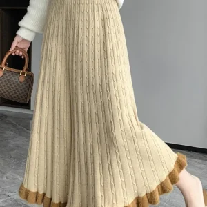 SMTHMA Gonna in pelliccia di visone per donna 2025 Nuovo autunno inverno Gonna elastica a vita alta lavorata a maglia Gonna a pieghe con volant medio da donna 1
