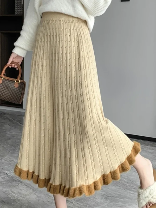 SMTHMA Gonna in pelliccia di visone per donna 2025 Nuovo autunno inverno Gonna elastica a vita alta lavorata a maglia Gonna a pieghe con volant medio da donna 1