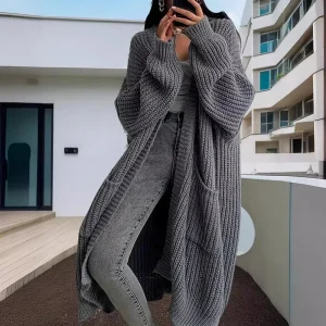 2025 Maglione da donna con tasche Cardigan Giacca lavorata a maglia Autunno all'uncinetto Cappotto lungo lungo invernale maxi caldo 1