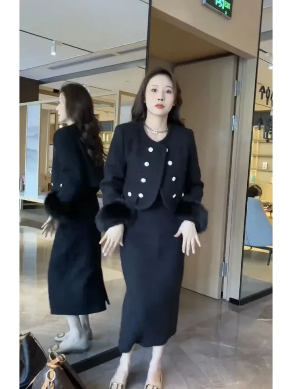Abito in tweed Abito elegante da socialite Set da due pezzi per donna Donna Office Lady 2025 Inverno Nuovo piumino Gonna sottile Vendita calda 3