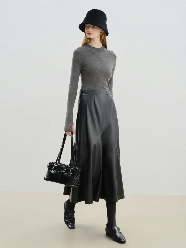 ZIQIAO Petite Gonna da donna in pelle PU con taglio diagonale nero con orlo a ombrello 2025 Minigonna a trapezio sensibile al design autunno/inverno 3