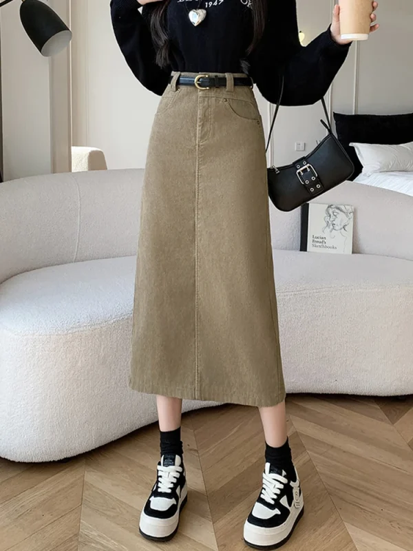 Gonna lunga da donna in velluto a coste invernale Donna Vintage a vita alta Wrap Cargo Gonne aderenti con cintura A-line Nero Marrone Faldas Largas 3