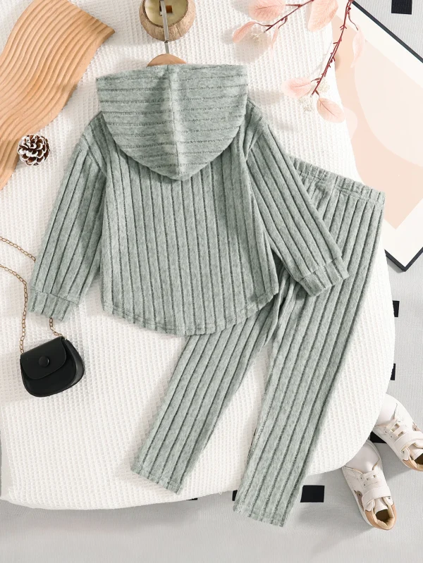 Abbigliamento casual per ragazze autunno e inverno Set da 2 pezzi Felpa con cappuccio a costine lavorata a maglia + Pantaloni a maglia a costine tinta unita in vita elastica Set casual per la casa quotidiana delle ragazze 2