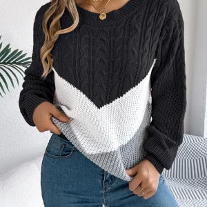 Maglione pullover da donna a maniche lunghe con collo rotondo versatile color block casual autunno e inverno 1