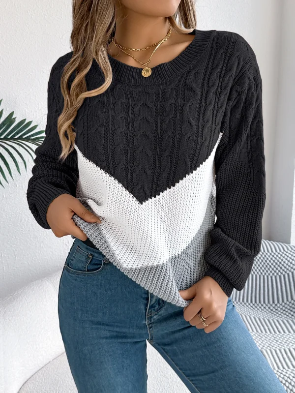 Maglione pullover da donna a maniche lunghe con collo rotondo versatile color block casual autunno e inverno 1