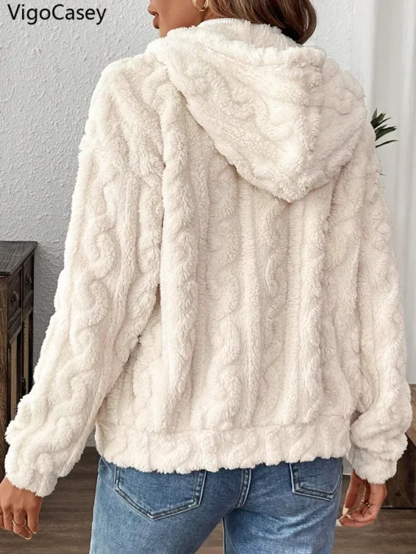VigoCasey 2025 Giacca da donna autunno bianco con cerniera Cappotto caldo in peluche spesso a maniche lunghe bianco Cappotto invernale morbido da donna corto con cappuccio 5
