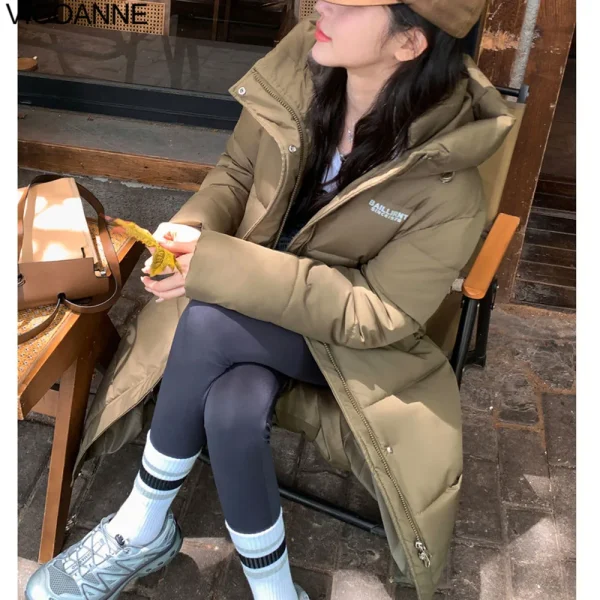 VigoAnne 2025 inverno cerniera con cappuccio piumino lungo cappotto coreano donna manica lunga tasca giacca allentata solida signora spessa tuta sportiva calda 2
