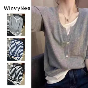 WinvyNee Donna Cardigan di lana Maglione Solido a righe Casual Tuta sportiva calda Maglieria Top Autunno Inverno Abbigliamento donna B1107007 1