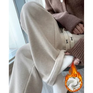 Pantaloni in peluche larghi a vita alta da ragazza invernale Pantaloni termici caldi a gamba dritta femminile Pantaloni casual con coulisse coreani da donna 1