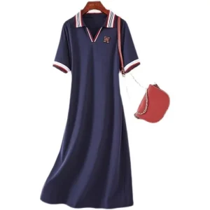Casual Contrast All-match Sport abiti Casual estate nuovo collo a Polo manica corta abito longuette allentato abbigliamento donna moda Vintage 1