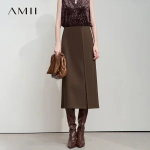 AMII Minimalista Donna Marrone Gonne 2025 Autunno Retro Twill spazzolato Spacco laterale Office Lady Midi Gonne Donna Abbigliamento 12543057 1