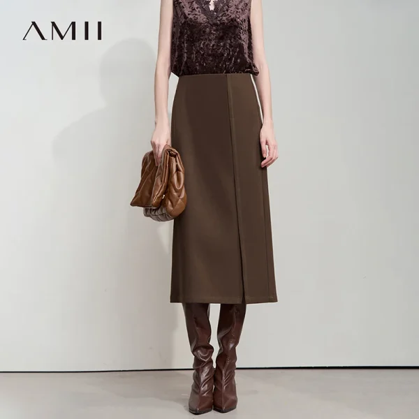 AMII Minimalista Donna Marrone Gonne 2025 Autunno Retro Twill spazzolato Spacco laterale Office Lady Midi Gonne Donna Abbigliamento 12543057 1