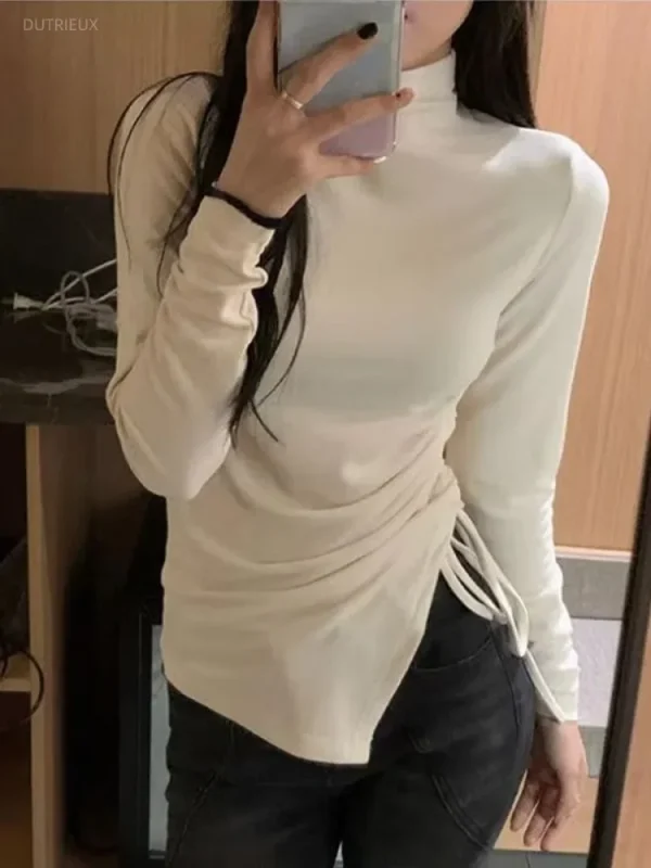 2024 Ropa Mujer magliette dolci per le donne dolcevita manica lunga coulisse Crop top Slim Fit moda Casual magliette coreane Y2k 4