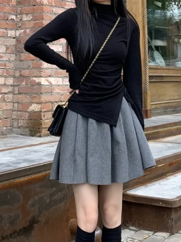 2024 Ropa Mujer magliette dolci per le donne dolcevita manica lunga coulisse Crop top Slim Fit moda Casual magliette coreane Y2k 6