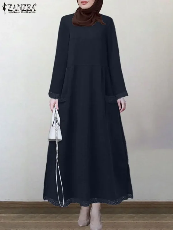 ZANZEA inverno autunno felpa vestito donna pizzo Crochet Pullover Vestidos solido O collo manica lunga in pile prendisole Robe felpe con cappuccio 3