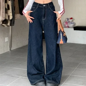 Jeans Y2K da donna autunno 2025 Pantaloni versatili in denim foderati in flanella blu scuro Pantaloni larghi con gamba dritta e lunghezza trascinante 2595 1