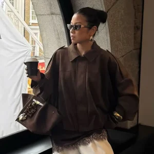 HH Nuove Donne Autunno Causale Allentato Pelle Scamosciata Texture Giubbotti Maniche Lunghe Solido Risvolto Cerniera Fly Cappotto Femminile di Moda di Strada Cappotti 1