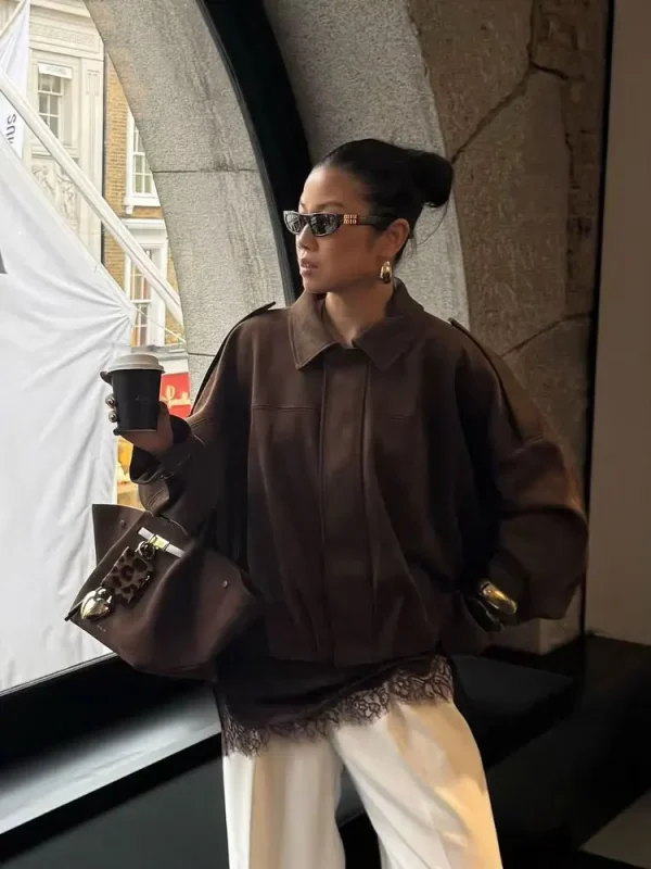 HH Nuove Donne Autunno Causale Allentato Pelle Scamosciata Texture Giubbotti Maniche Lunghe Solido Risvolto Cerniera Fly Cappotto Femminile di Moda di Strada Cappotti 1