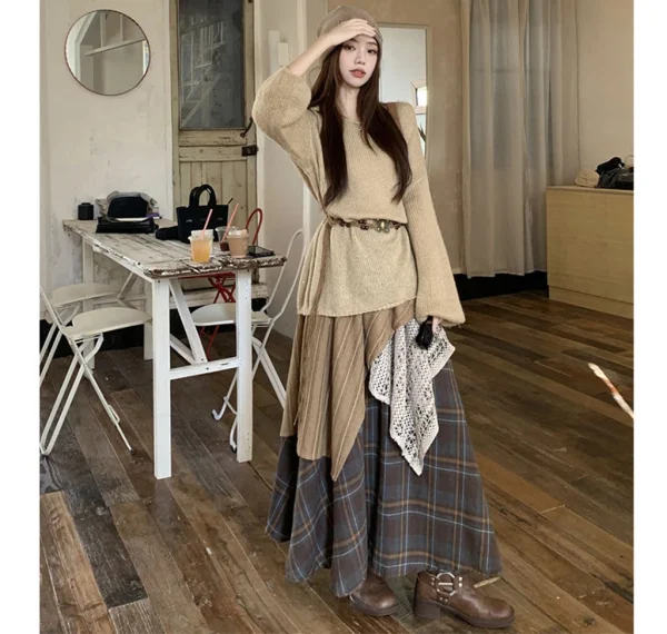 Gonne lunghe scozzesi vintage di design Donna stile coreano Gonna irregolare a vita alta allentata Casual Streetwear Gonna Y2k patchwork retrò 2