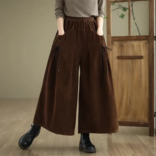 Pantaloni a gamba larga in velluto a coste Primavera Autunno da donna Pantaloni larghi taglie forti Culottes Tasca alla moda Gonna pantalone in vita elastica Donna 5