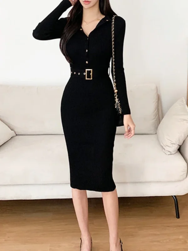 Abito aderente a maniche lunghe con colletto alla coreana monopetto elegante e sexy, abiti autunnali invernali attillati in maglia elasticizzata tinta unita 5
