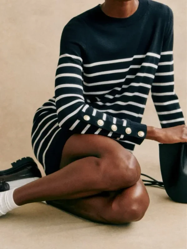 Abito corto lavorato a maglia da donna francese Mini vestaglia femminile a maniche lunghe con scollo a O nero o strisce 4