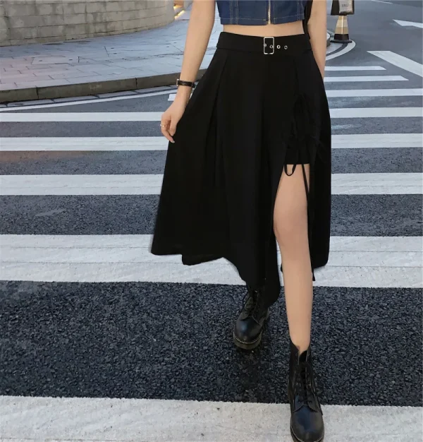 Party Club Vita alta Femme Fondo Streetwear Gonna gotica Vintage gotico scuro Gonne a metà polpaccio con spacco alto Donna Moda elegante 3