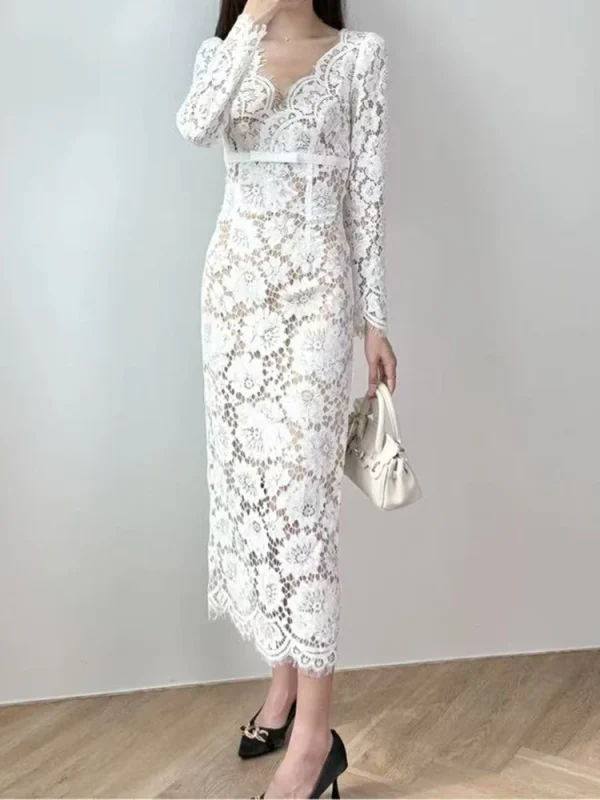 Autunno nuova moda sexy scollo a V abito in pizzo bianco donna elegante temperamento ricamo floreale sottile manica lunga abito da sera da donna 1