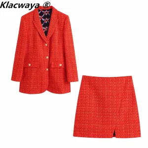 Klacwaya 2021 moda donna due pezzi Set Vintage stampa fodera Tweed Blazer cappotto femminile fessura anteriore Tweed minigonna vestito Chic 1