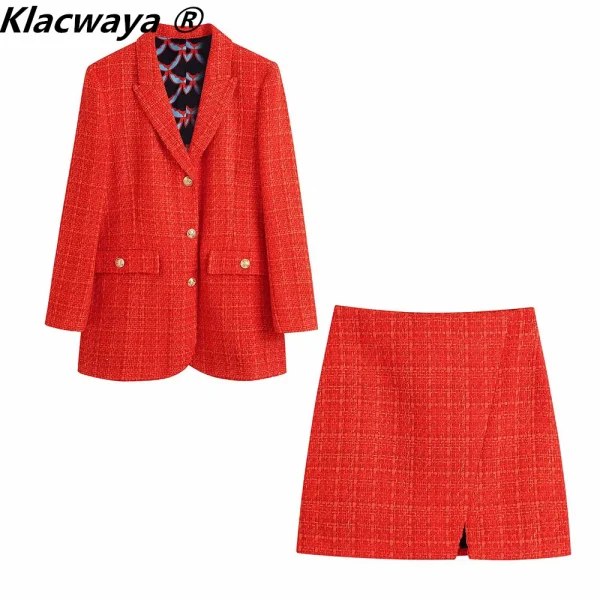 Klacwaya 2021 moda donna due pezzi Set Vintage stampa fodera Tweed Blazer cappotto femminile fessura anteriore Tweed minigonna vestito Chic 1