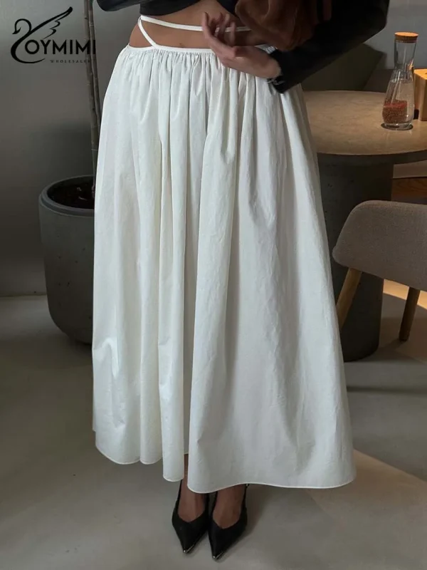 Oymimi Moda Gonna da donna in cotone bianco Elegante gonna a pieghe con lacci allentata Casual Nuove gonne a metà polpaccio solide Abbigliamento femminile 6