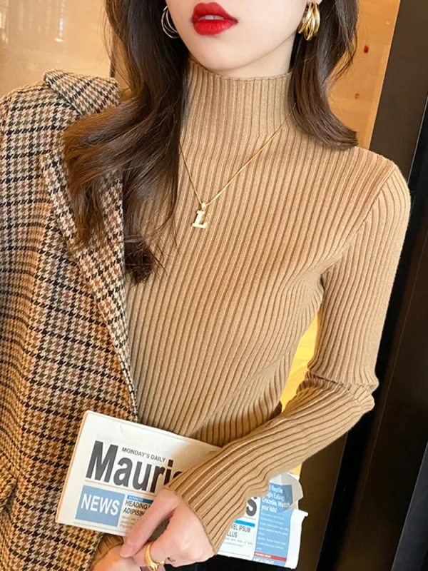 Top eleganti in maglia basic tinta unita maglione da donna con collo alto manica lunga pullover casual sottile moda coreana abiti semplici chic 5