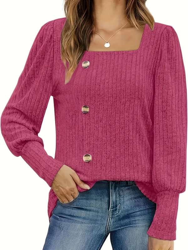 Maglione lavorato a maglia a costine con collo quadrato solido, maglione diviso a maniche lunghe con bottoni casual per la primavera e l'autunno, abbigliamento da donna 3