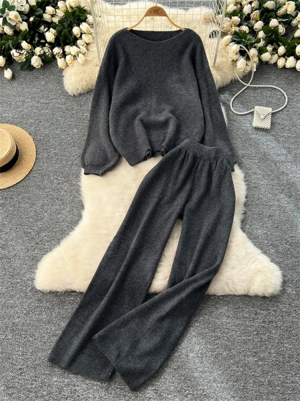 SINGREINY 2025 Inverno Spessore Abiti da donna Maglione allentato Top + Vita alta Gambe larghe Pantaloni lunghi Autunno Solido Causale Caldo Set da 2 pezzi 4