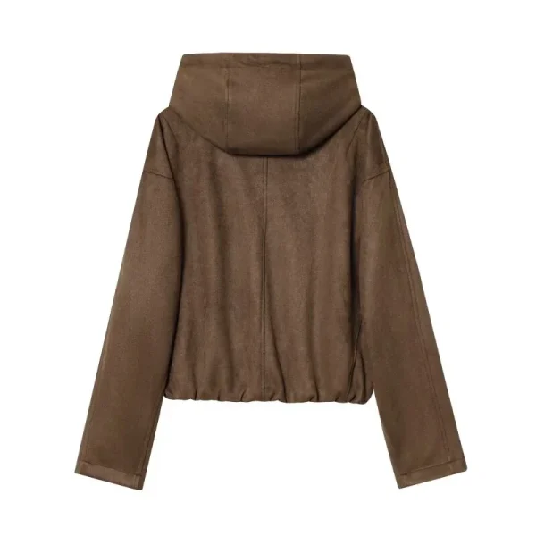 Giacca da pilota con cappuccio da donna Cappotto con cerniera calda con superficie in pelle scamosciata Top casual con cappuccio alla moda a maniche lunghe e vestibilità ampia 4
