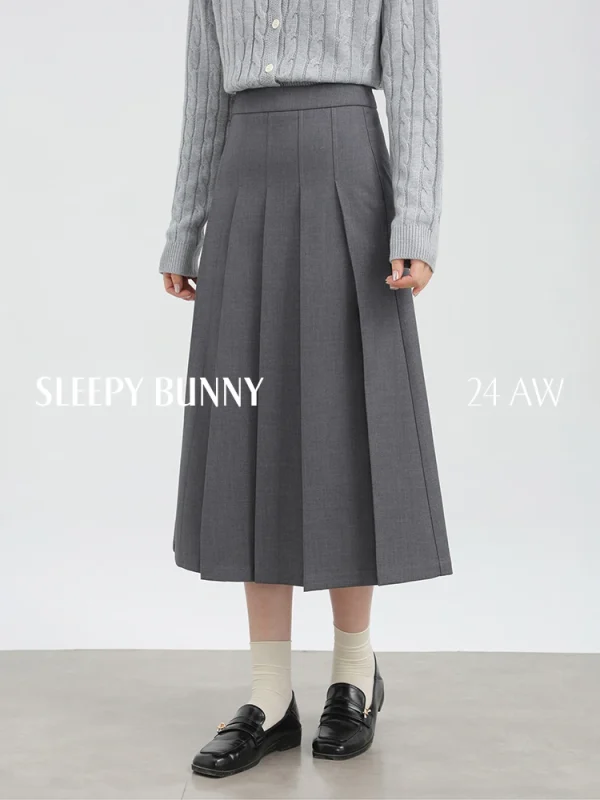 2025 Gonna a pieghe grigia autunno inverno per donna Gonna a trapezio a vita alta di media lunghezza per abito elegante stile ufficio Petite Lady 3