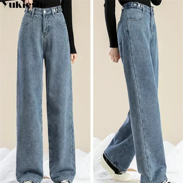 Pantaloni da donna 2023 moda invernale edizione coreana nuovo stile versatile vita alta cilindro dritto jeans a gamba larga in pile spesso 5