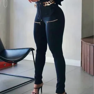 Pantaloni con design con cerniera per donna Pantaloni cargo casual senza cintura Vita alta Occhiello con lacci Pantaloni skinny con dettagli legati Streetwear 1