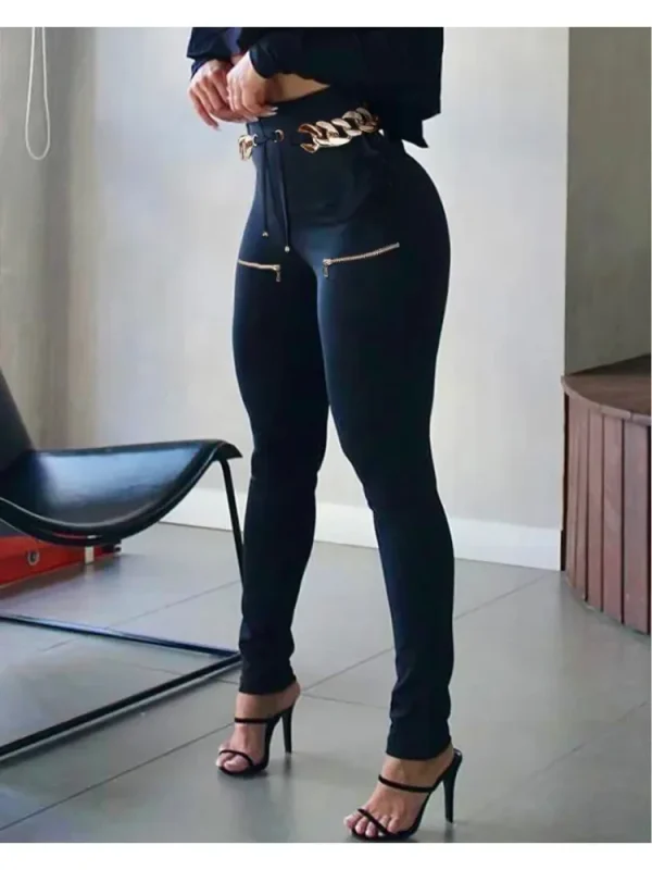 Pantaloni con design con cerniera per donna Pantaloni cargo casual senza cintura Vita alta Occhiello con lacci Pantaloni skinny con dettagli legati Streetwear 1