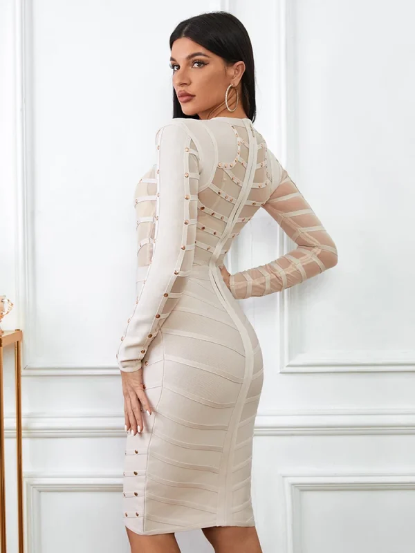 BEAUKEY Abito da sera sexy beige con rivetti tempestati di maglia con borchie Prospettiva da donna Abito trasparente aderente a maniche lunghe XXL Vestido 4