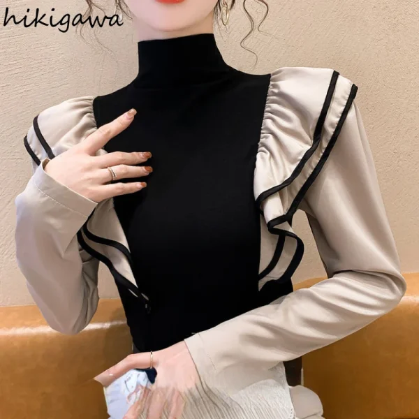 Colore a contrasto Donna T-shirt Dolcevita a maniche lunghe Slim Fit Tees Coreano Camisetas Moda Ruffles Y2k Tshirt 2025 Ropa Mujer 5